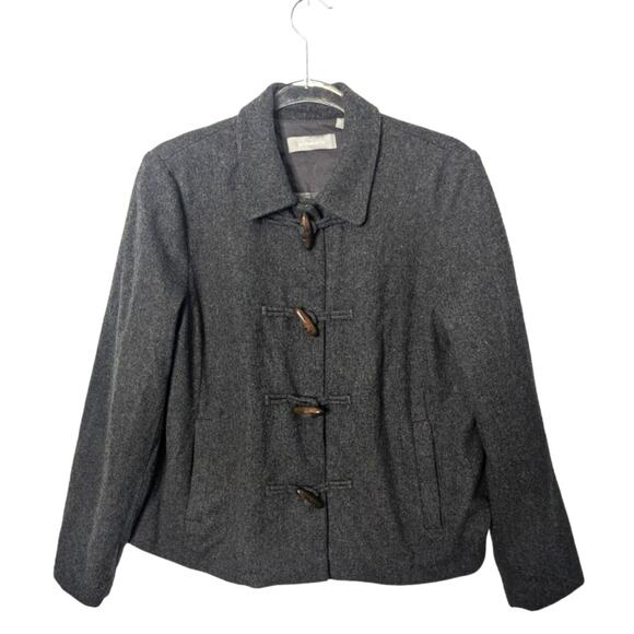 Liz Claiborne Gray Cropped Wool Blend Jacket Toggle Wood Buttons Swing Large - Picture 1 of 9